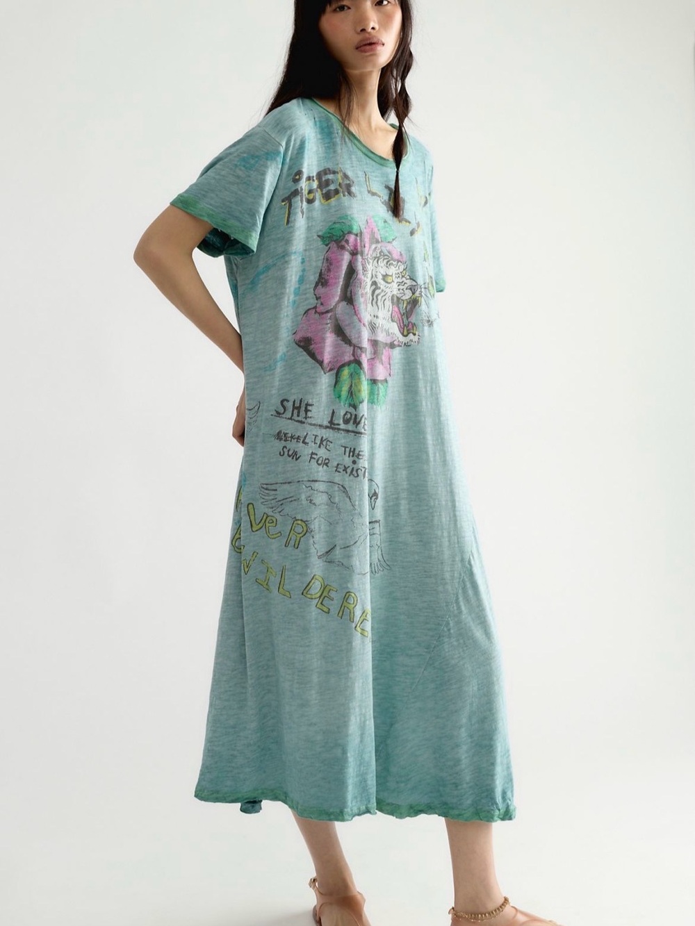 Magnolia Pearl Teal Midi Dress with Roaring Tiger Graphic and Pink Tongue - Picture 2 of 6